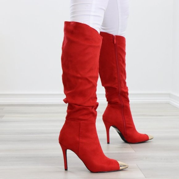 Fancy Pointy Toe Below The Knee Red Boots Suede - Picture 2 of 14
